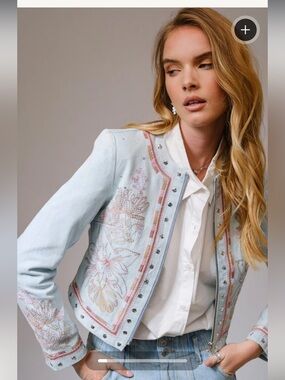 Embroidered Pastel Blue Stud-Accent Jacket